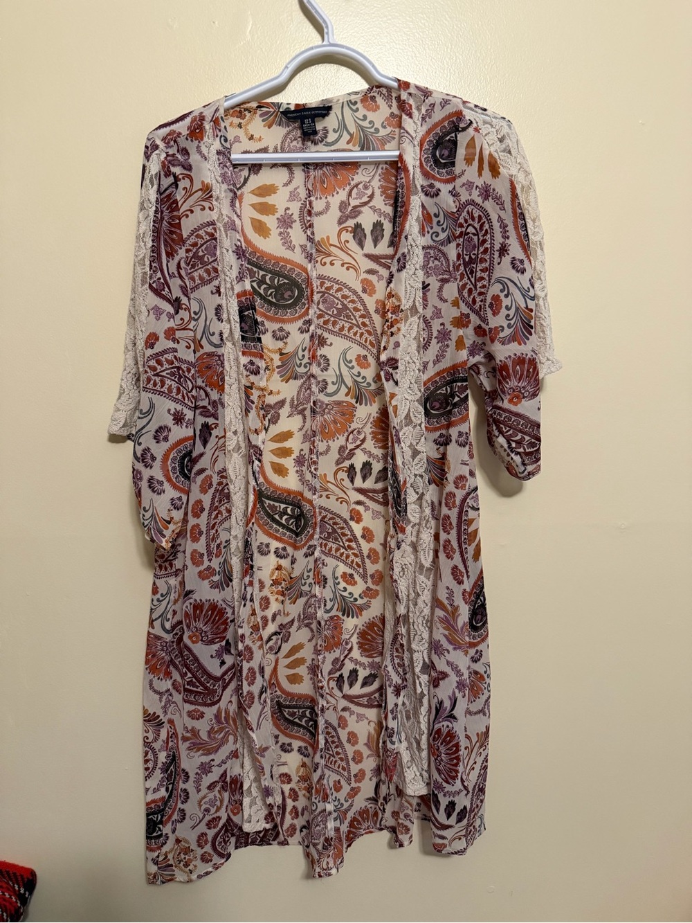 American Eagle Outfitters Cream Paisley Lace-Trim Kimono